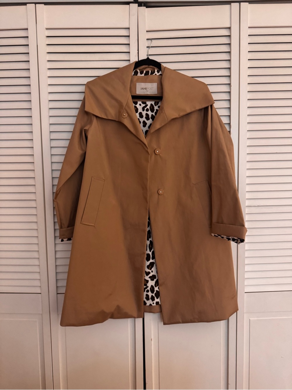 Jane Post Camel Raincoat Leopard Lined Trench Coat Size M
